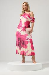 YOURS LONDON Plus Size White Blurred Floral Drape Shoulder Dress | Yours Clothing 1