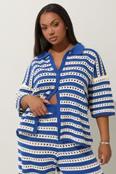 LIMITED COLLECTION Plus Size Blue & White Stripe Crochet Shirt | Yours Clothing 1