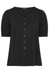 YOURS Curve Black Button Front Puff Sleeve Top