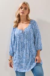 YOURS Plus Size Blue Paisley Print Sequin Tie Neck Top | Yours Clothing 1