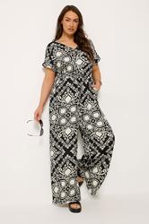 YOURS Plus Size Black & White Paisley Print Wide Leg Jumpsuit | Yours Clothing 3
