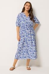 YOURS Plus Size Blue Leaf Print Notch Neck Dress | Yours Clothing 3