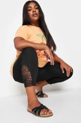YOURS Plus Size Black Lace Insert Cropped Leggings | Yours Clothing 4
