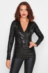 LTS Tall Women's Black Sequin Embellished Wrap Top | Long Tall Sally 2