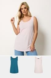 YOURS 2 PACK Plus Size Teal Blue & Pink Core Vest Tops | Yours Clothing 1