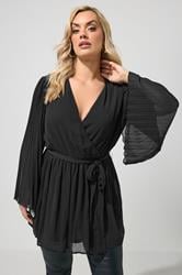 YOURS LONDON Plus Size Black Pleat Sleeve Wrap Top | Yours Clothing 3