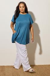 YOURS Plus Size Mid Blue Ribbed Soft Touch T-Shirt | Yours Clothing 1