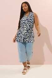 YOURS Curve Navy Blue Textured Ikat Sleeveless Shirt | Yours Clothing 2