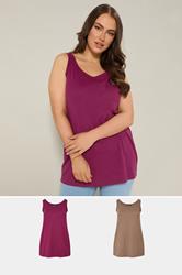 YOURS 2 PACK Curve Dark Pink & Mocha Brown Core Vest Tops 1