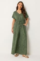 YOURS Plus Size Khaki Green Zebra Print Cotton Jumpsuit | Yours Clothing 3