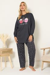 YOURS Plus Size Charcoal Grey 'Hot Choc O'clock' Wide Leg Pyjama Set | Yours Clothing 1