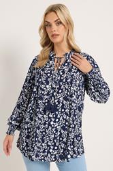 Yours Plus Size Blue Floral Sequin Embellished Tie Neck Blouse 1