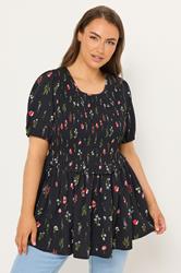 YOURS Plus Size Black Floral Shirred Peplum Top | Yours Clothing 3