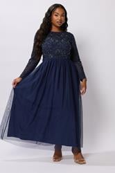LUXE Plus Size Navy Blue Sequin Floral Hand Embellished Maxi Dress | Yours Clothing 4