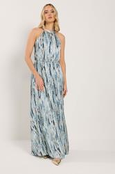 LTS Tall Women's Blue Abstract Satin Halter Neck Dress | Long Tall Sally 1