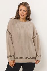 YOURS Plus Size Natural Brown Blanket Stitch Jumper | Yours Clothing 1
