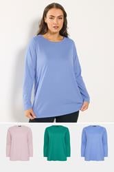 YOURS Plus Size 3 PACK Green & Blue Long Sleeve T-Shirts | Yours Clothing  1