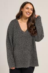 YOURS Plus Size Black Tinsel V-Neck Jumper | Yours Clothing 3