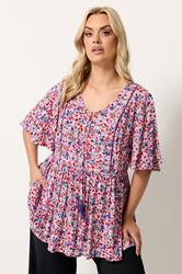 YOURS Plus Size Ditsy Pink Tie Neck Top | Yours Clothing 3