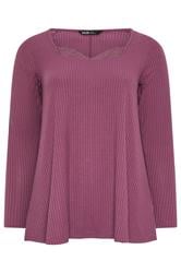 YOURS Curve Dusky Pink Lace Insert Ribbed Top