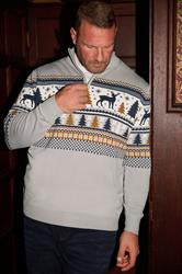 BadRhino Big & Tall Grey Fairisle Deer Quarter Zip Knitted Jumper | BadRhino 1