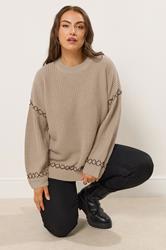 YOURS Plus Size Natural Brown Blanket Stitch Jumper | Yours Clothing 3