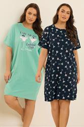 YOURSET 2 PACK Plus Size Green Cocktail Print Sleep Tee Nightdresses | Yours Clothing 1