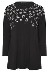 YOURS Curve Black Leopard Sequin Long Sleeve Top