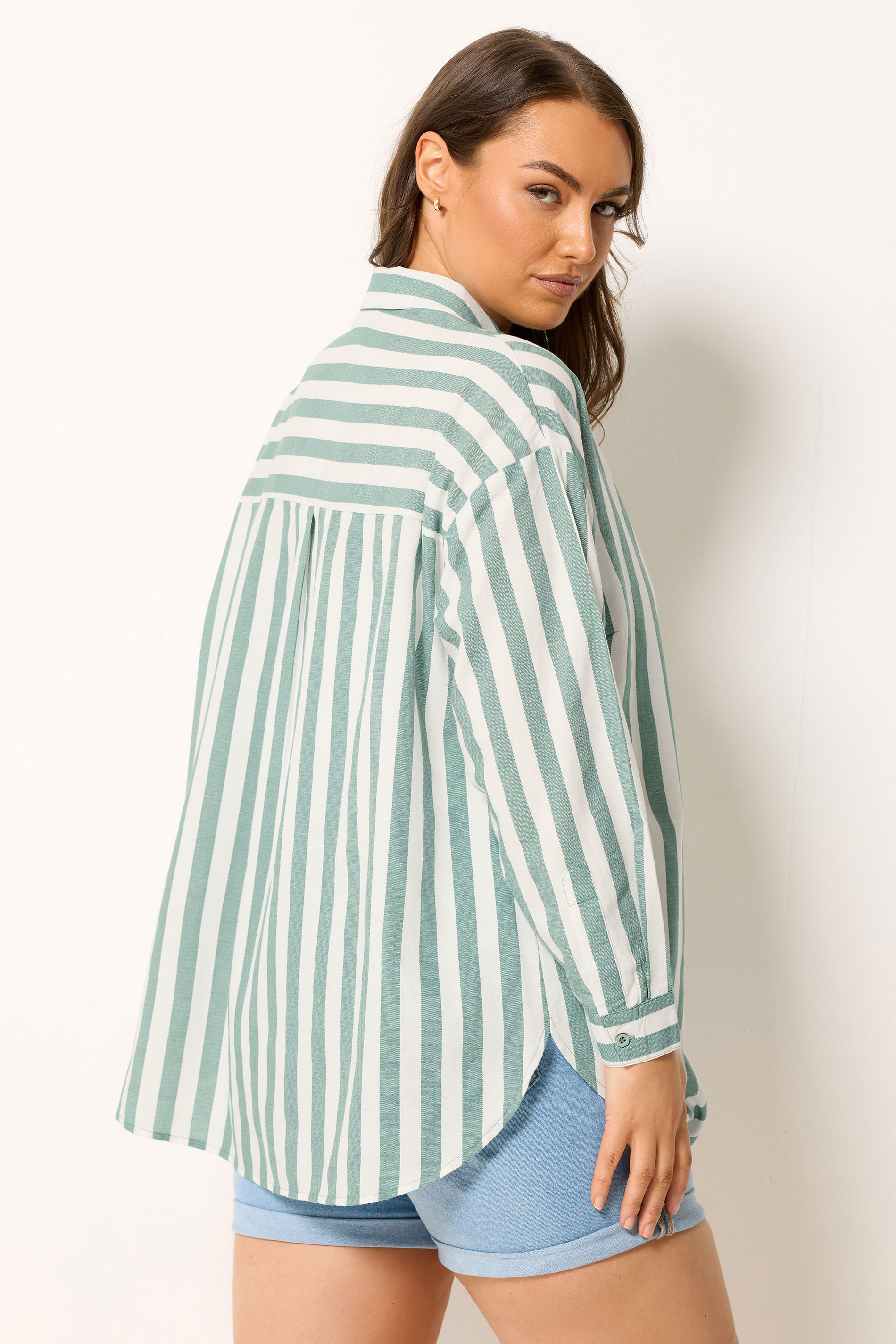 YOURS Plus Size Light Green Stripe Linen Shirt | Yours Clothing 4