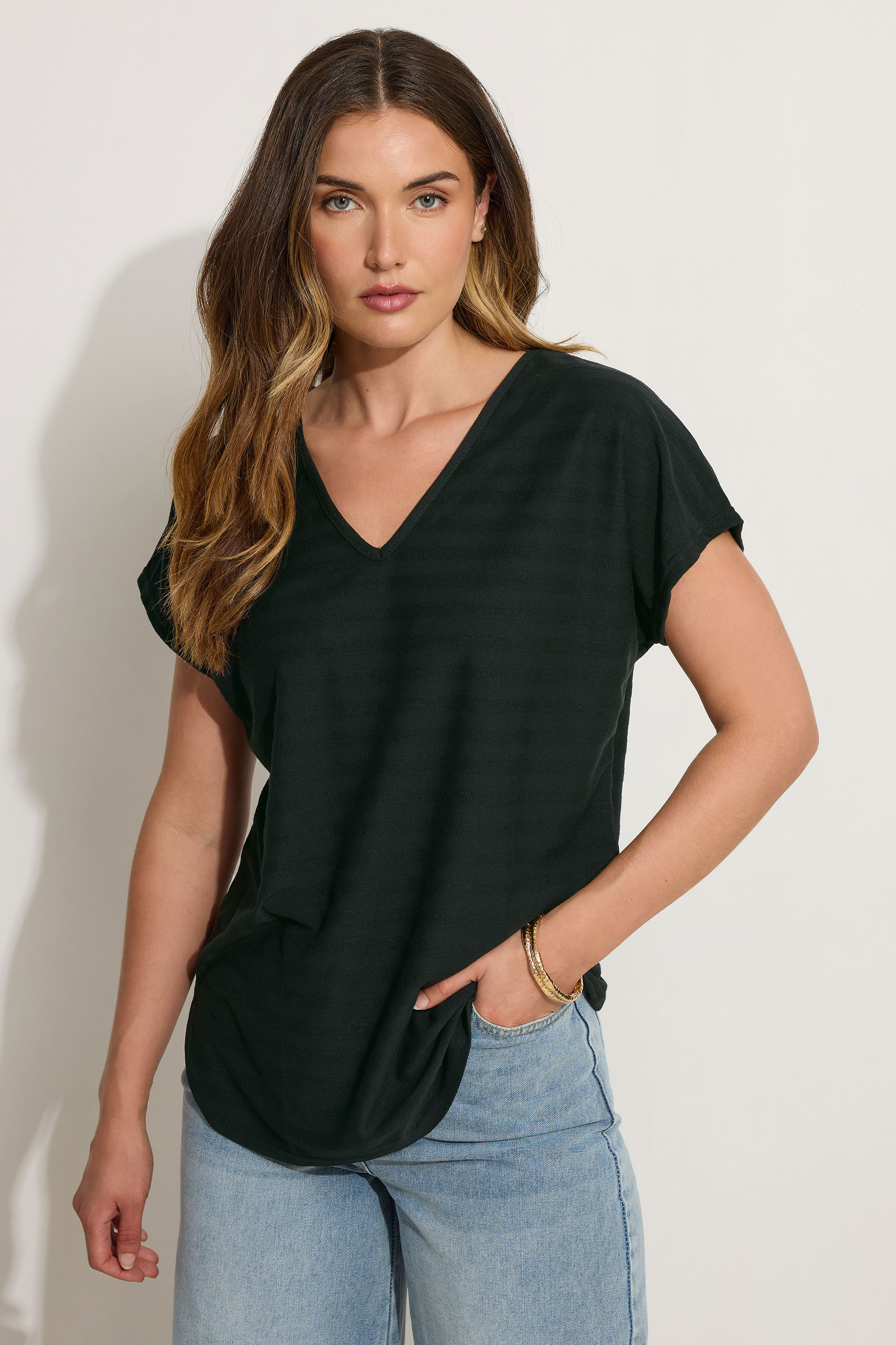 LTS Tall Black Shadow Stripe V-Neck Boxy Top | Long Tall Sally 3