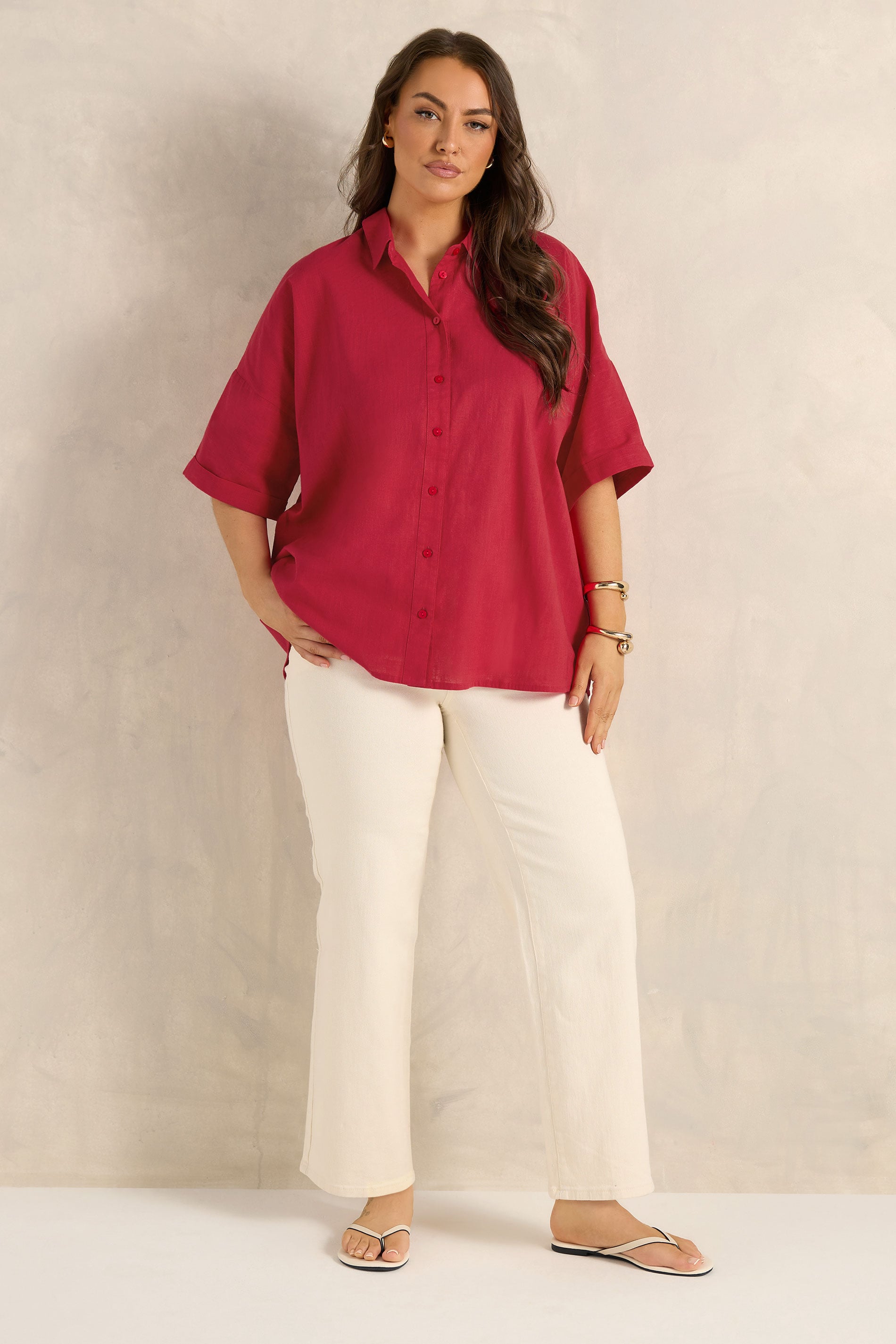 EVANS Plus Size Red Cotton Boxy Collard Shirt | Evans  1