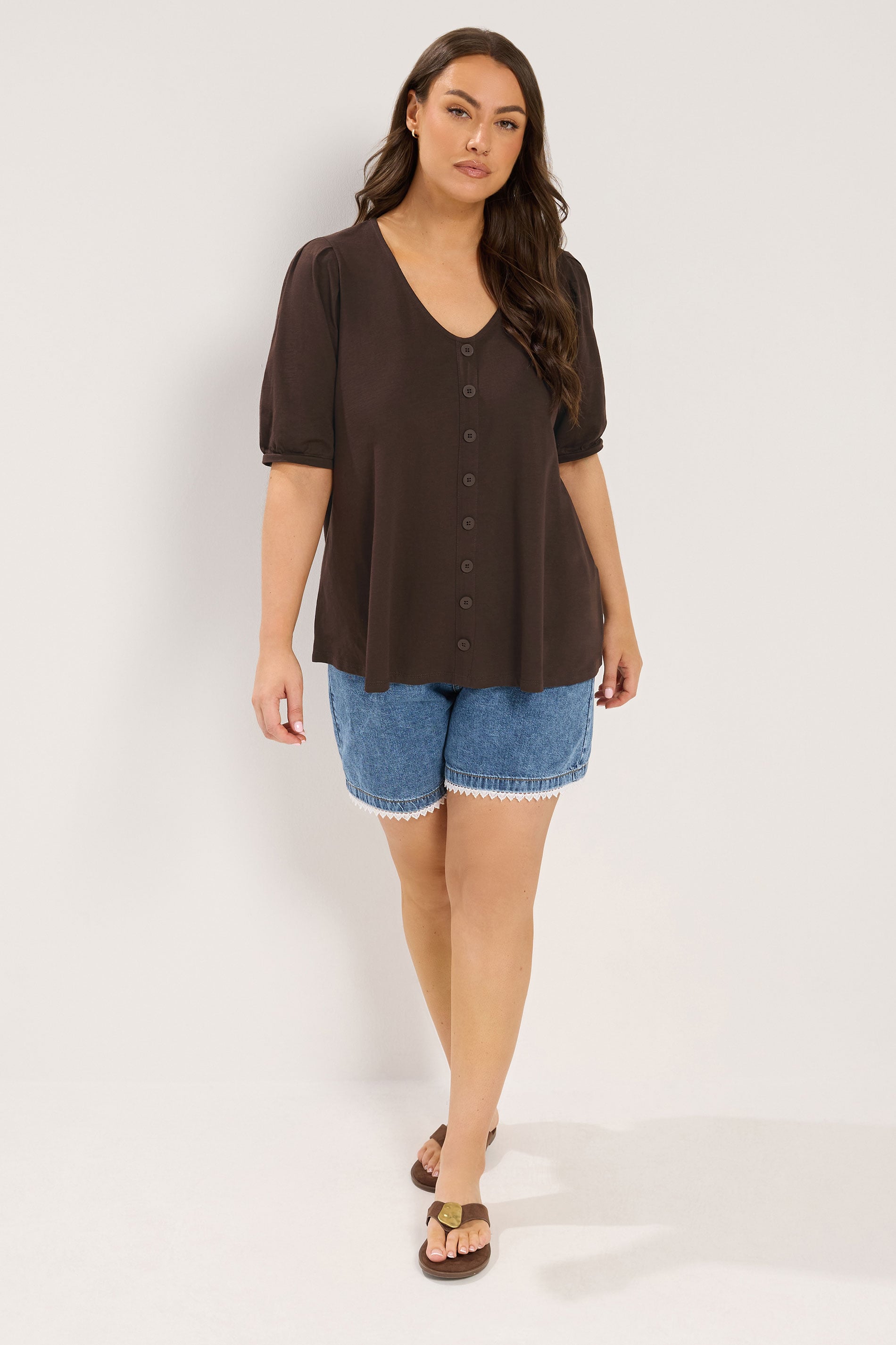 YOURS Plus Size Chocolate Brown Puff Sleeve Top | Yours Clothing 1