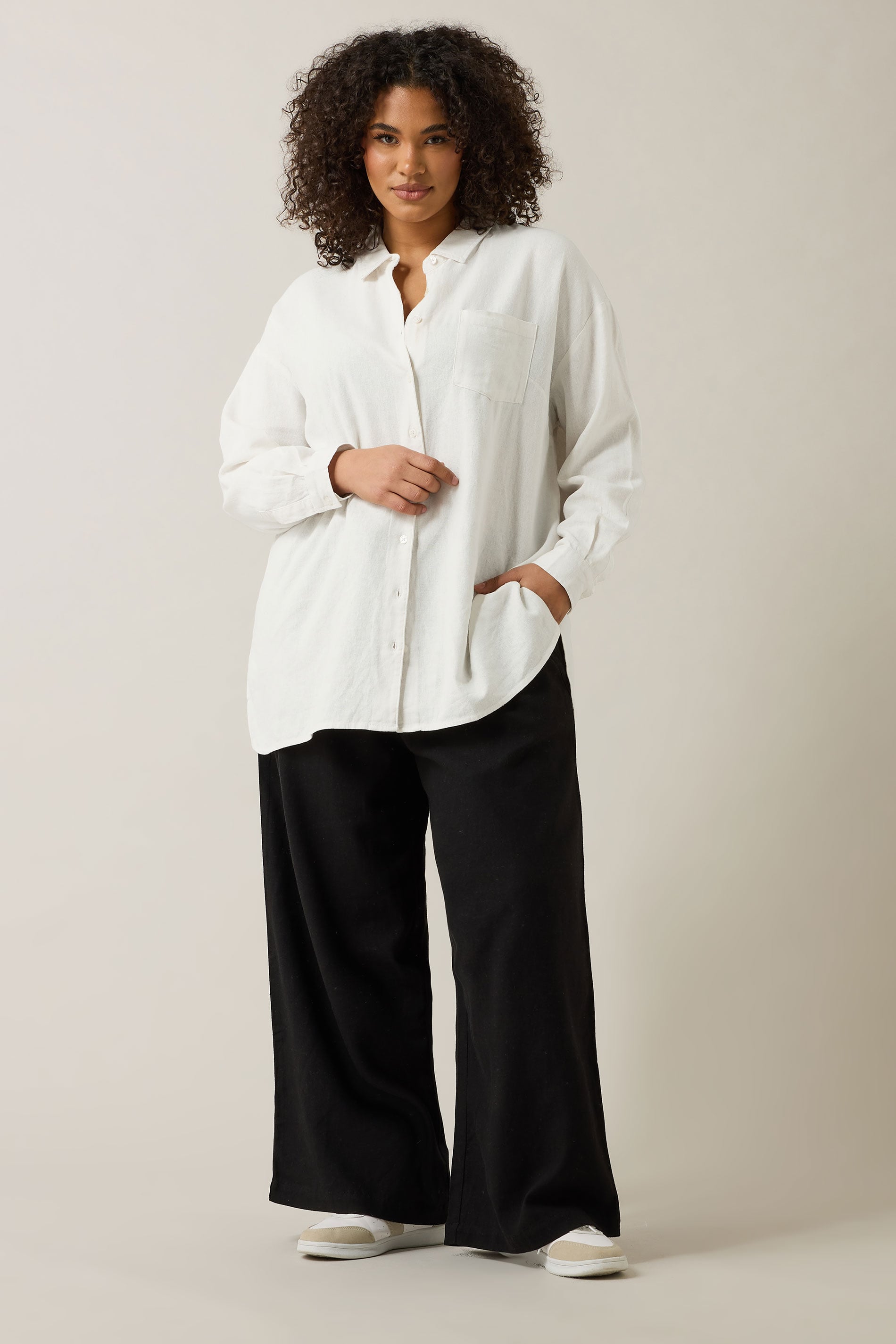 EVANS Plus Size White Long Sleeve Premium Linen Shirt | Evans 2