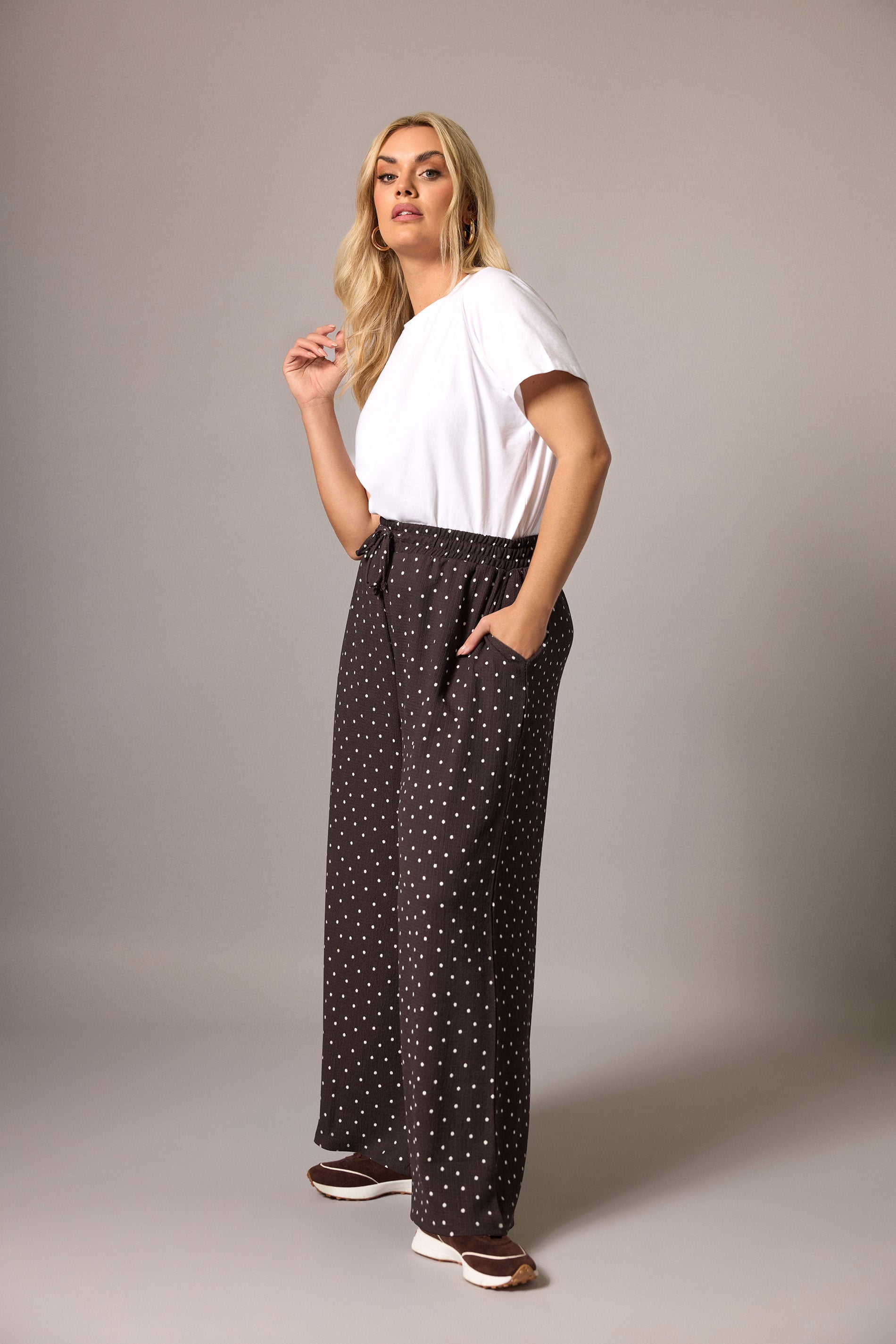 YOURS Plus Size Chocolate Brown Polka Dot Wide Leg Trousers | Yours Clothing 3