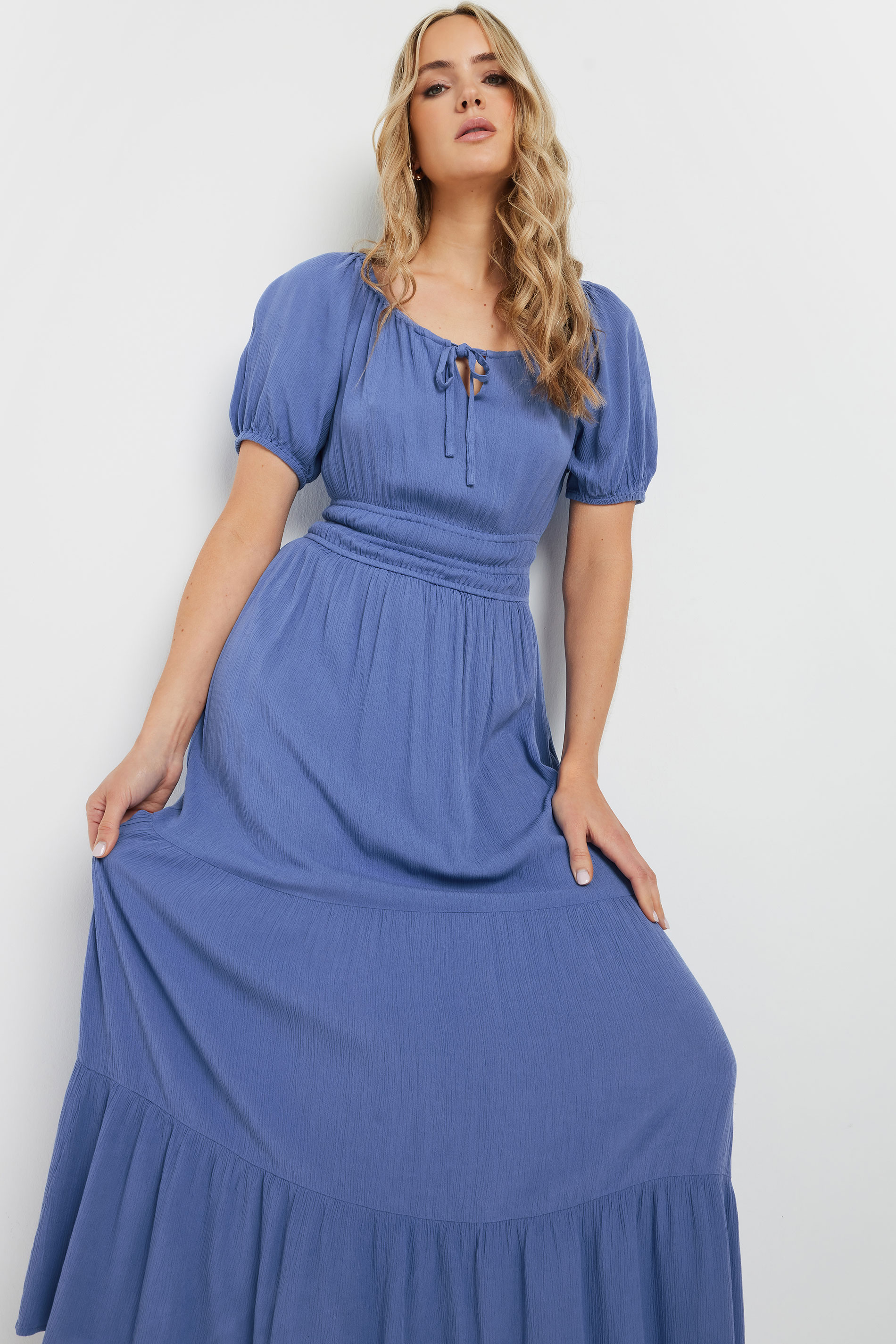 LTS Tall Blue Textured Balloon Sleeve Dress | Long Tall Sally 1