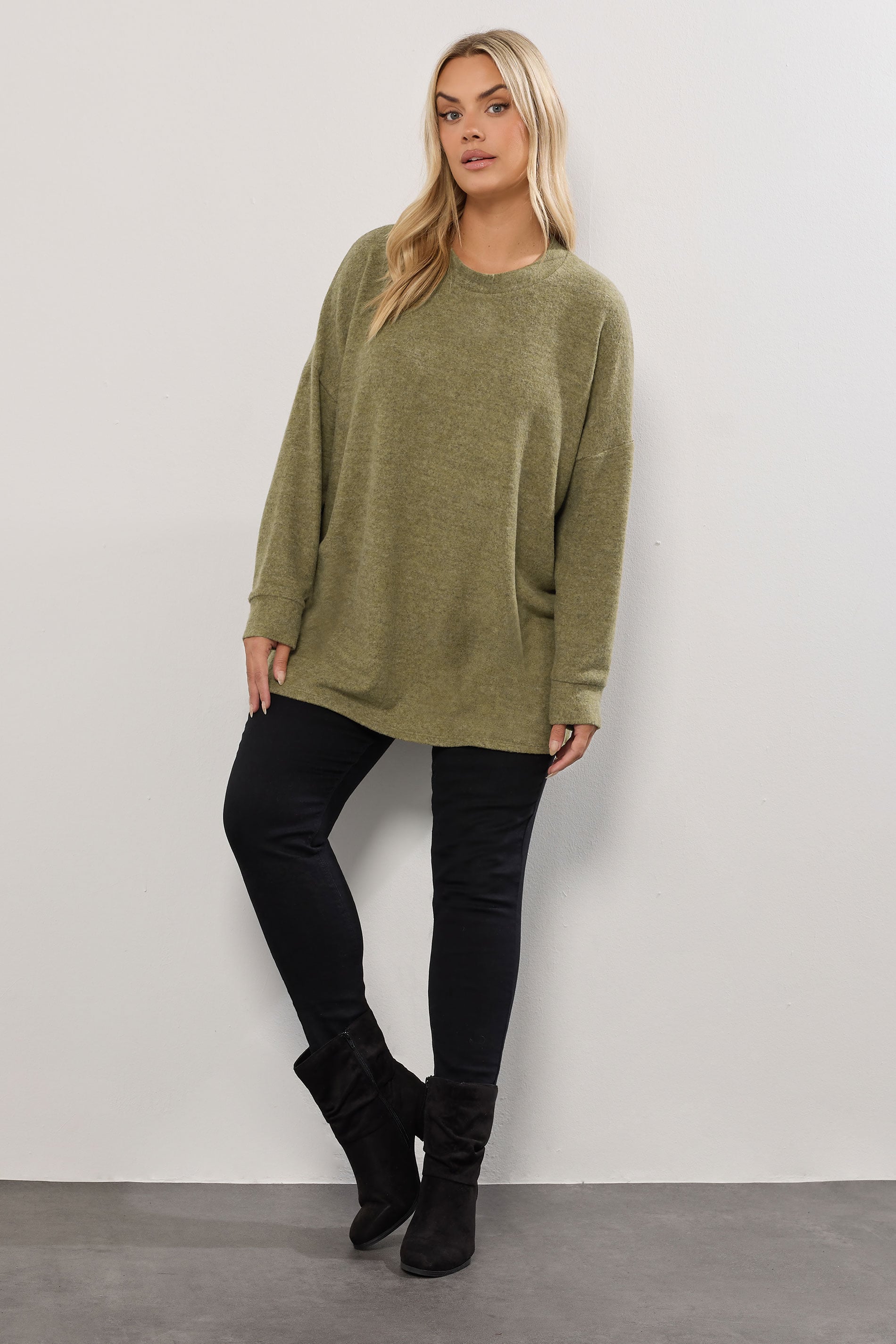 YOURS Plus Size Khaki Green Soft Touch Jumper | Yours Clothing 1