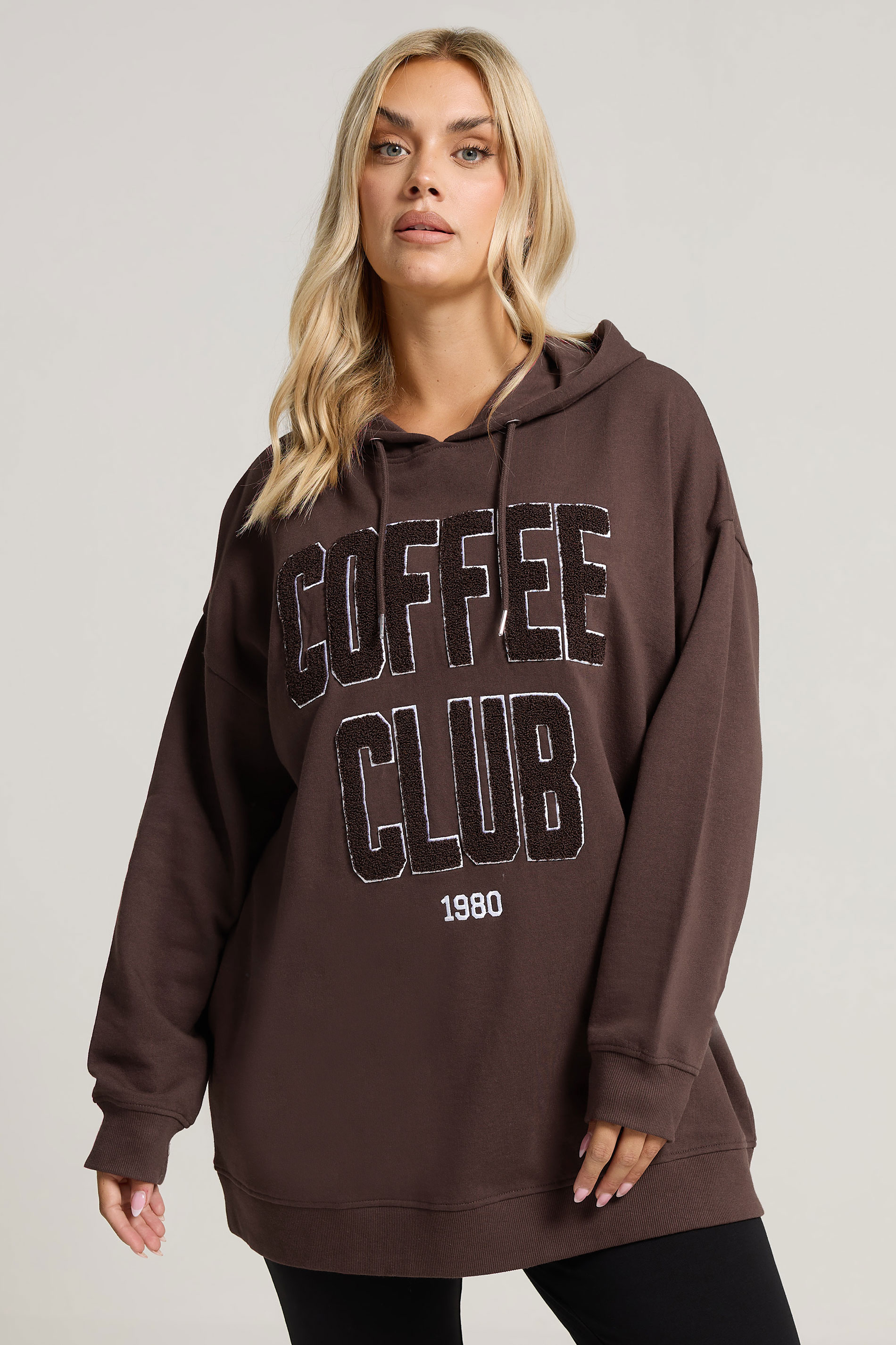 YOURS Plus Size Chocolate Brown 'Coffee Club' Slogan Hoodie | Yours Clothing 1