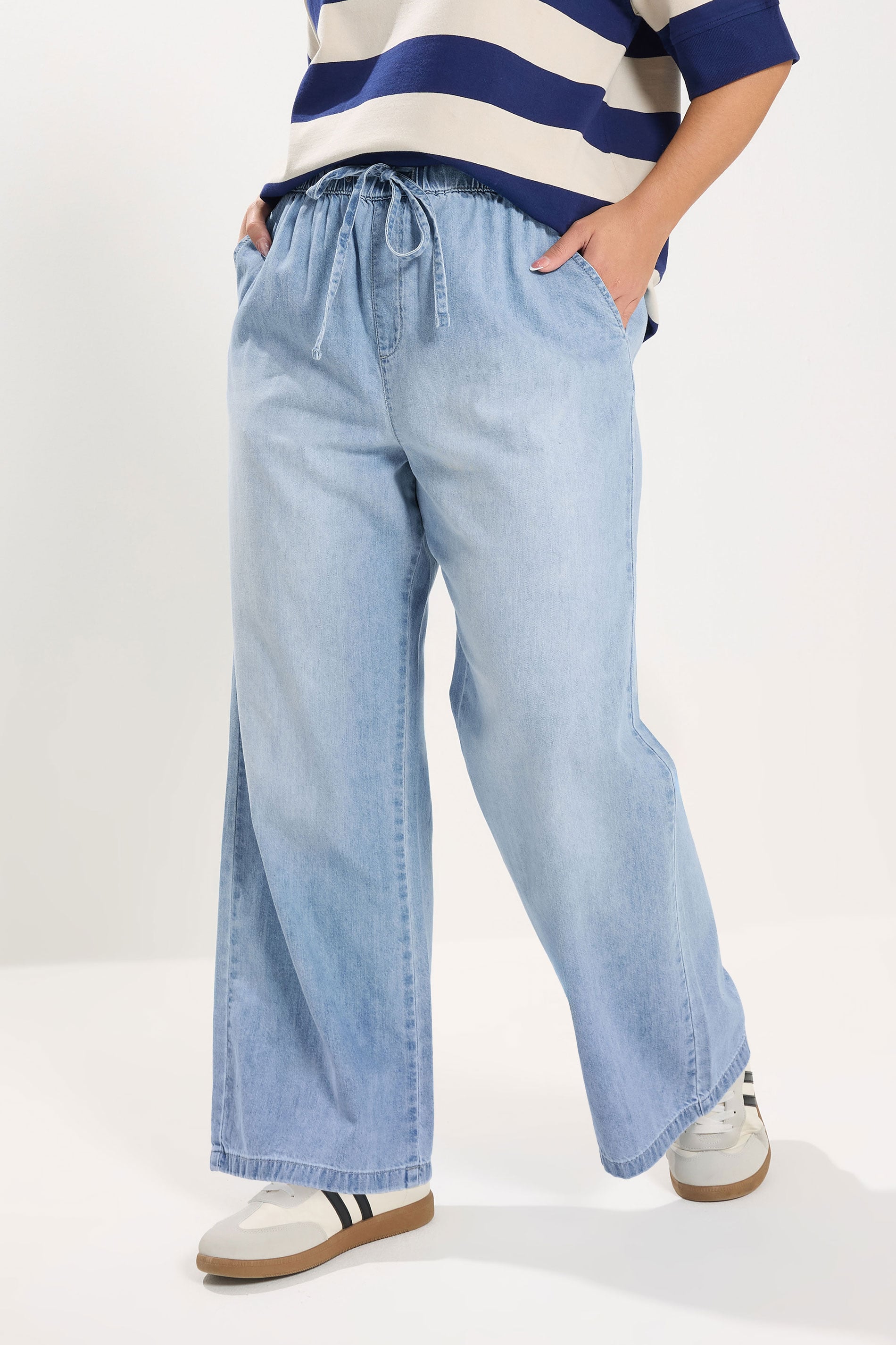 YOURS Plus Size Light Blue Drawstring Wide Leg Jeans | Yours Clothing 1