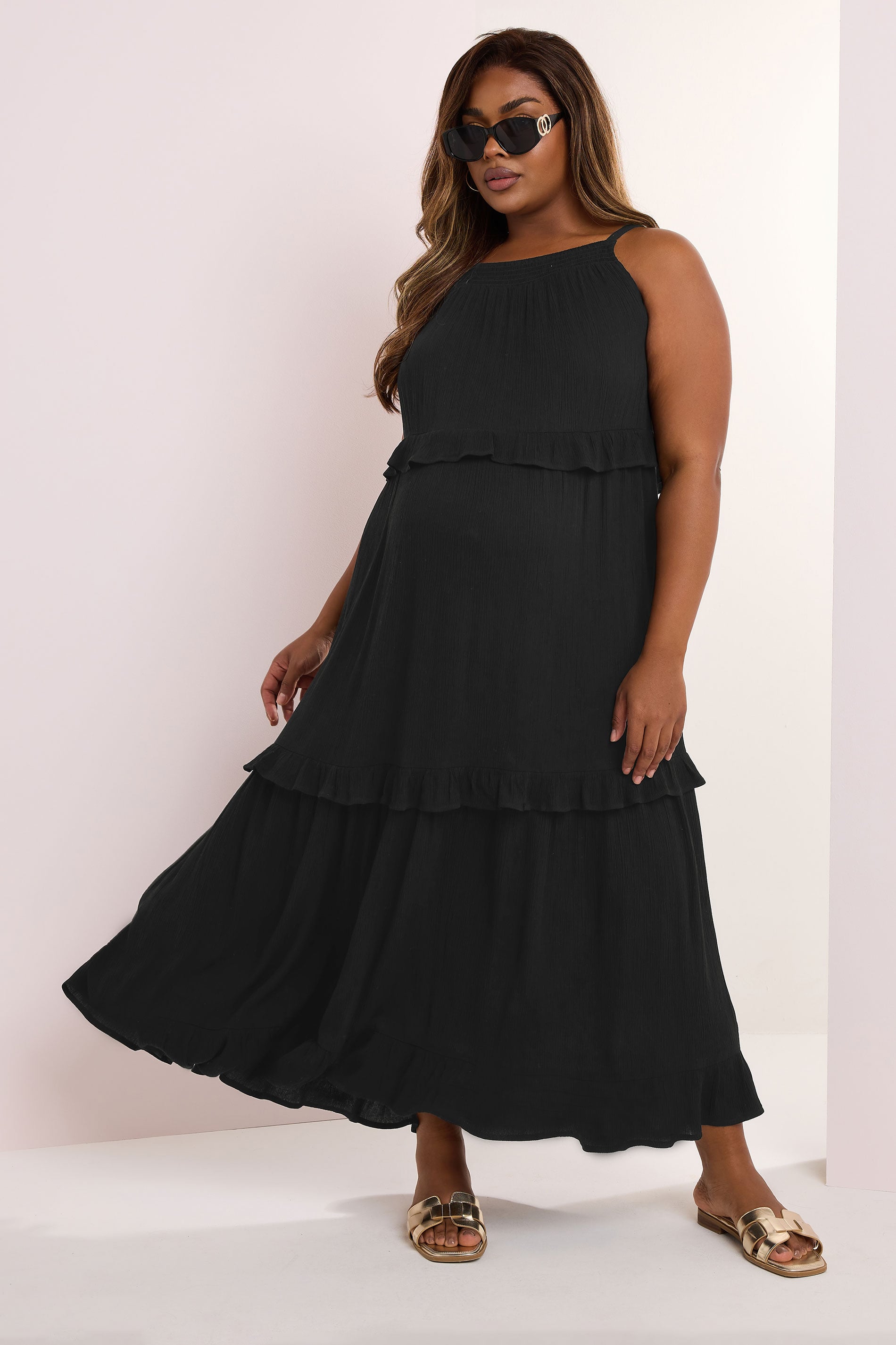 BUMP IT UP MATERNITY Plus Size Black Tiered Frill Maxi Dress | Yours Clothing 1