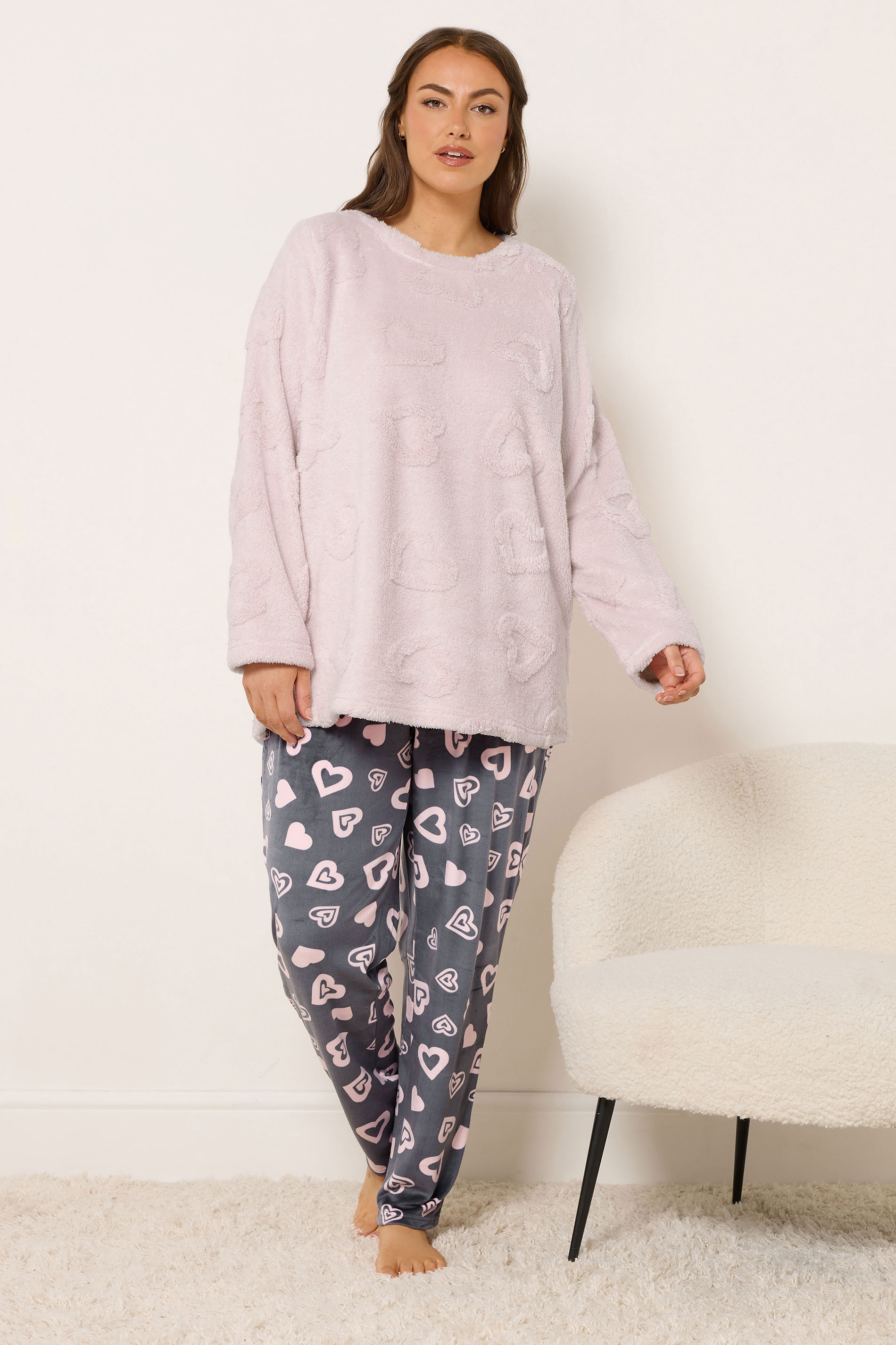 YOURS Plus Size Pink Heart Texture Borg Lounge Set | Yours Clothing 1