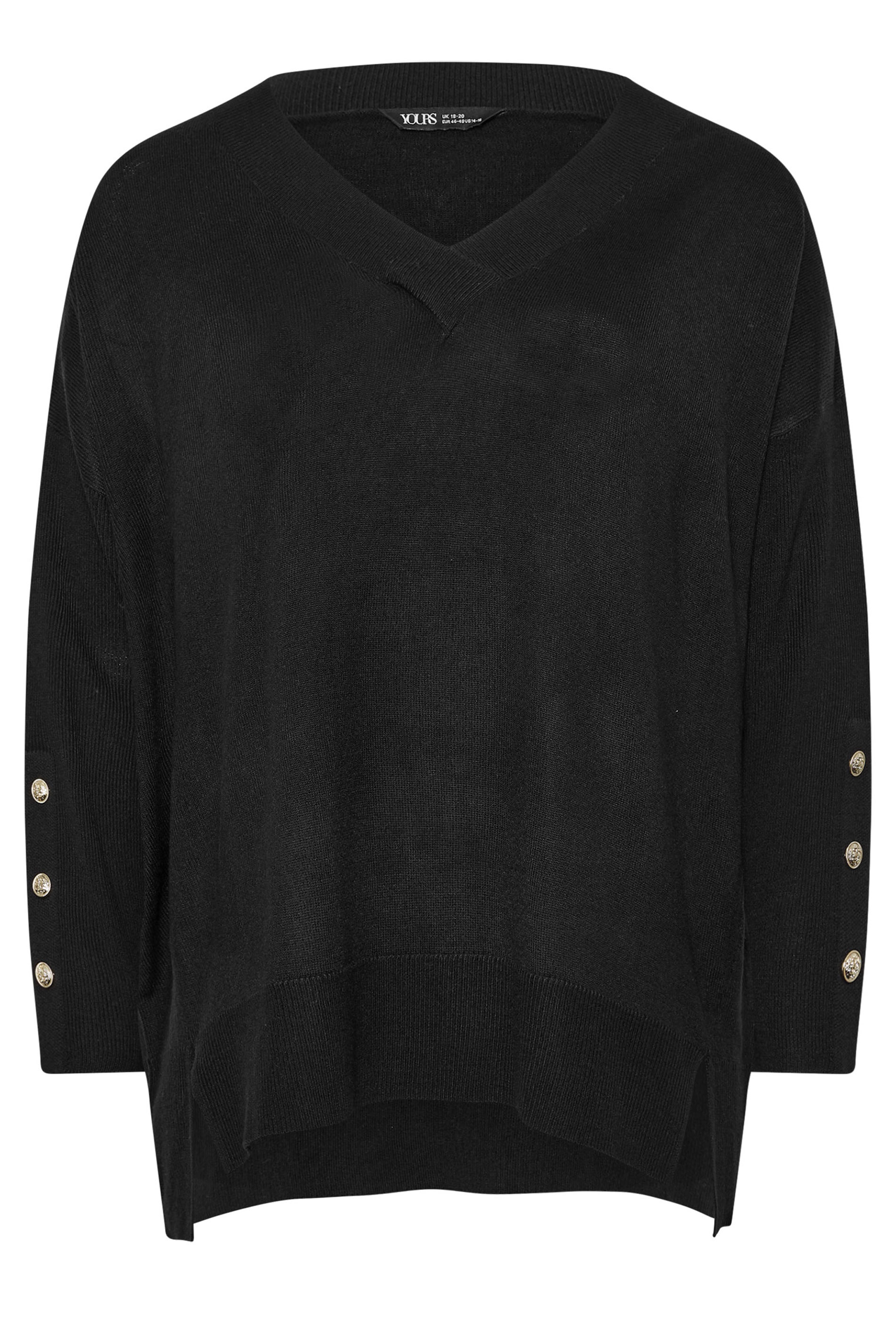 YOURS Plus Size Black Button Sleeve V-Neck Jumper | Yours Clothing 5
