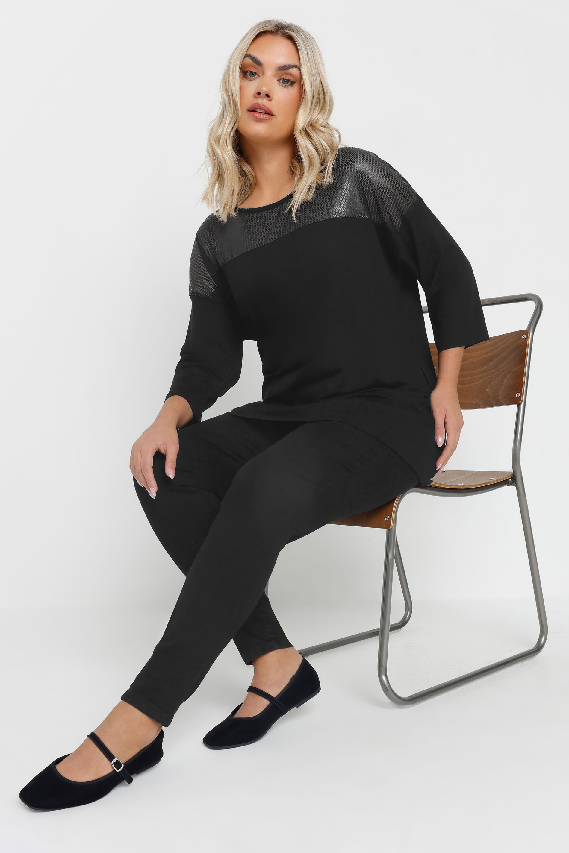 YOURS Plus Size Black Mesh Panel Sequin Top | Yours Clothing 4