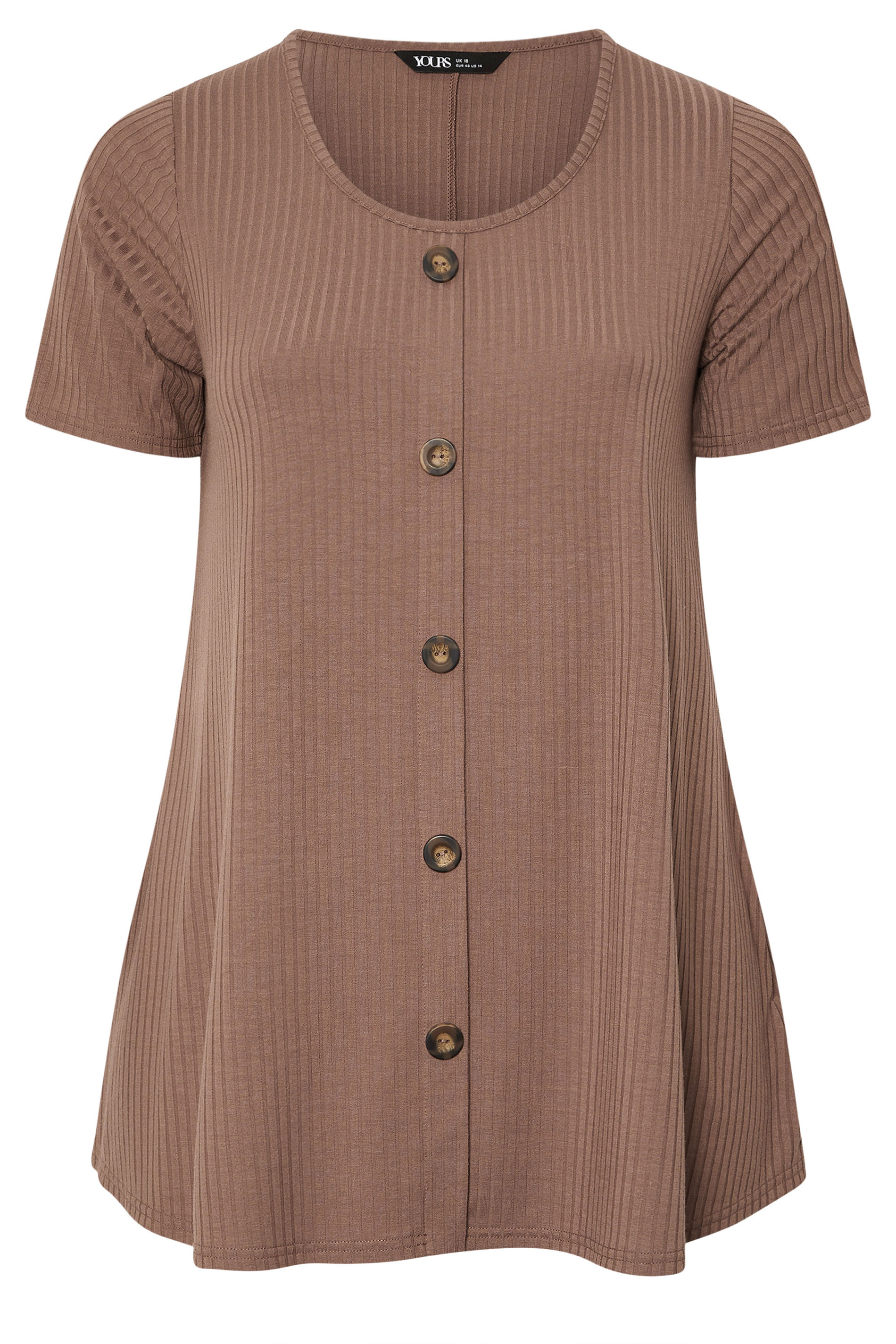 YOURS Plus Size Mocha Brown Button Front Ribbed Swing Top | Yours Clothing 5