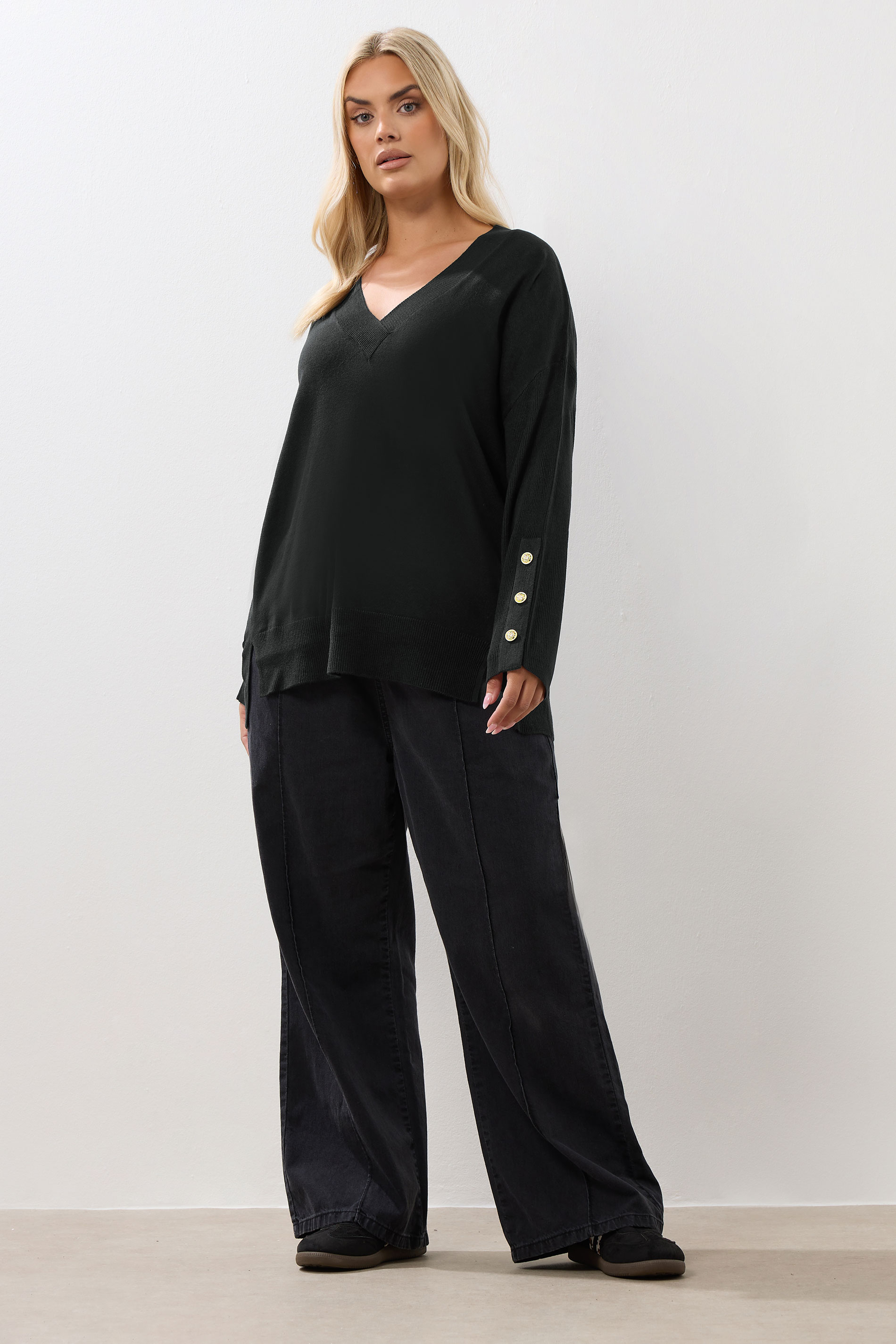 YOURS Plus Size Black Button Sleeve V-Neck Jumper | Yours Clothing 1