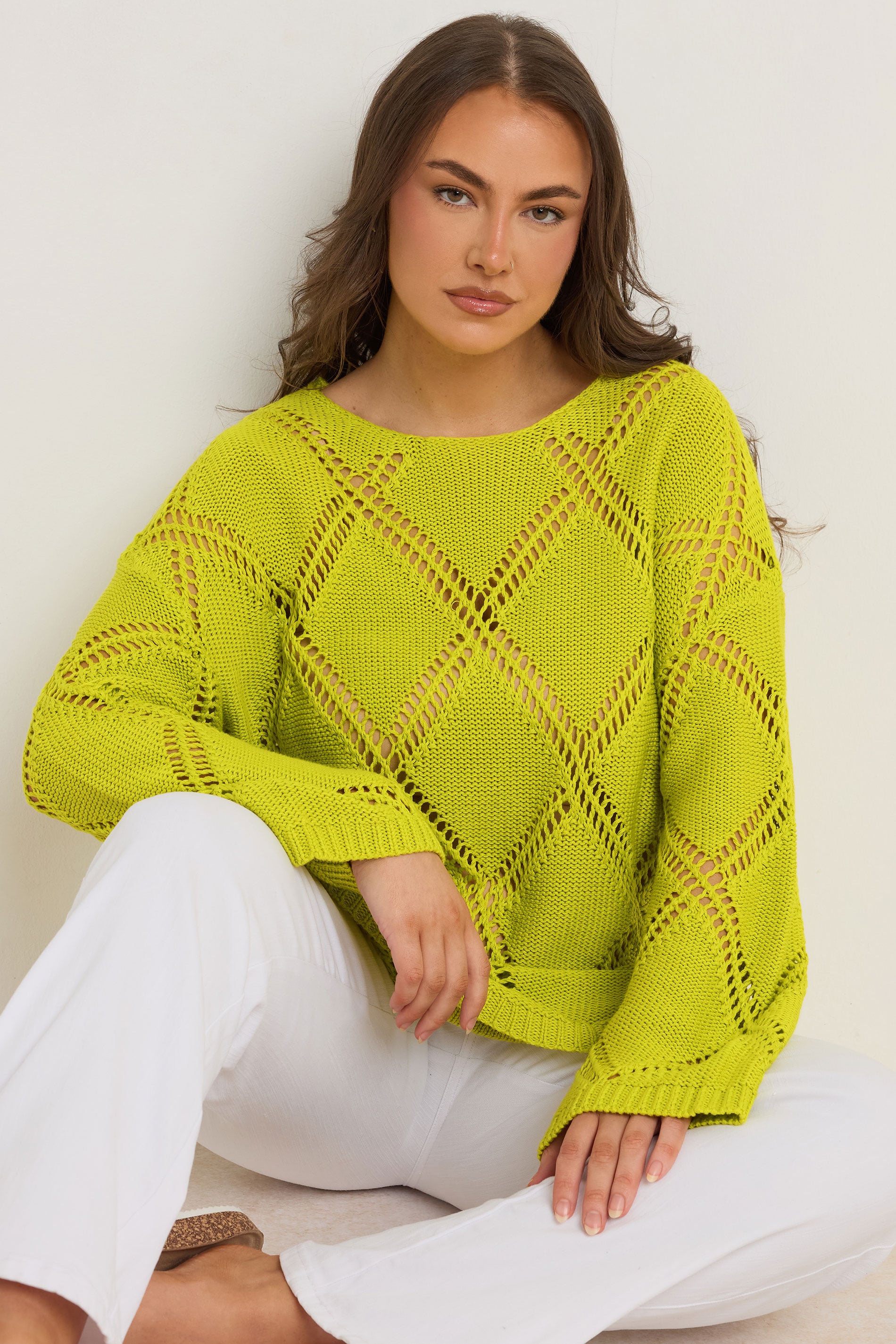 Evans Women's Green Plus Chartreuse Diamond Pointelle Jumper Size 30-32