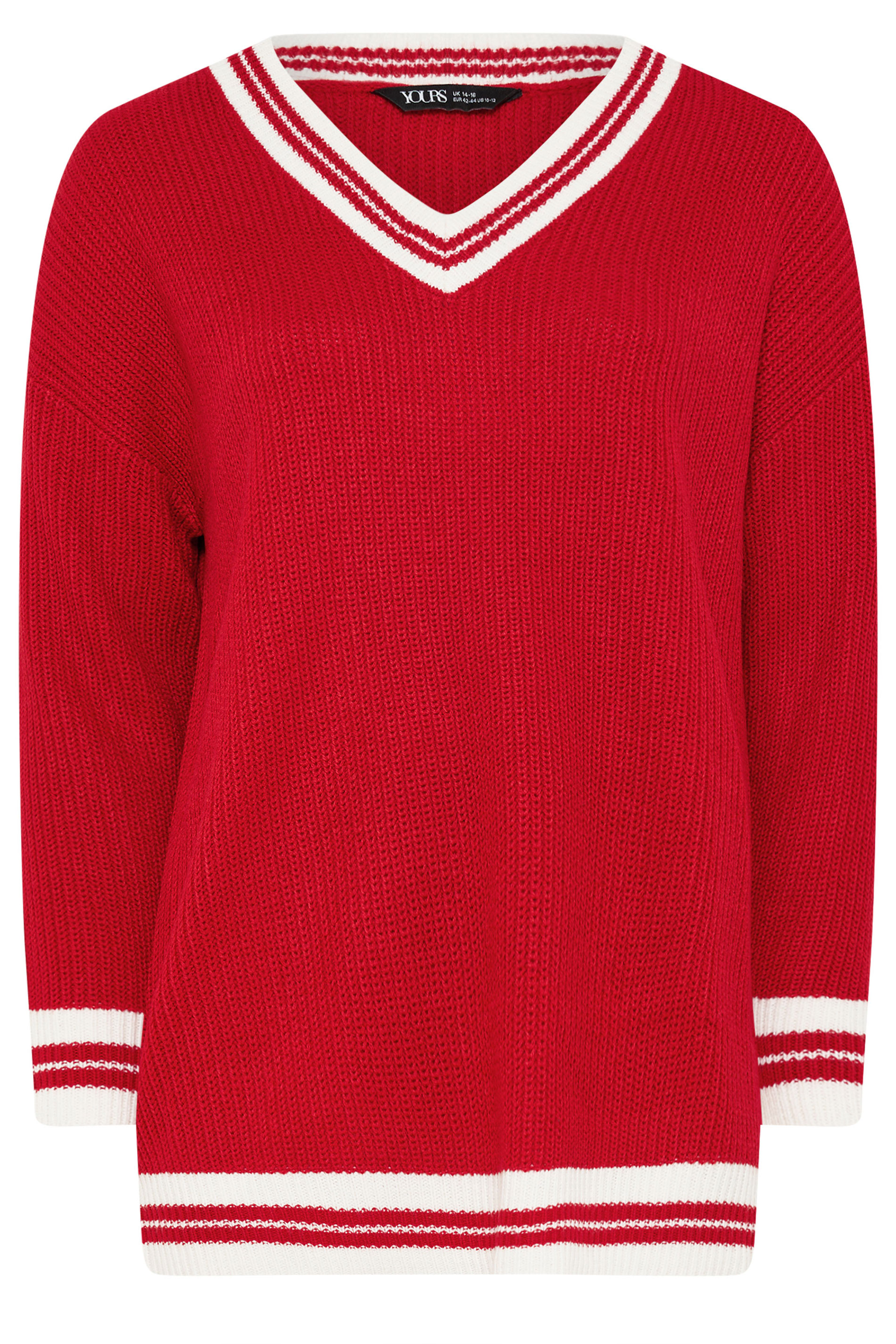 YOURS Plus Size Red Contrast V-Neck Knitted Jumper | Yours Clothing 5