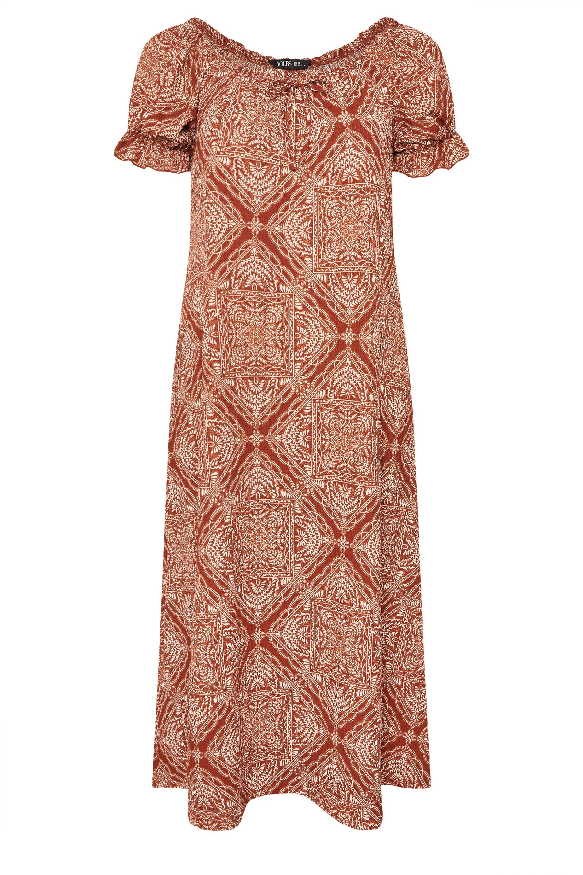 YOURS Plus Size Rust Brown Paisley Textured Milkmaid Dress | Yours Clothing 5