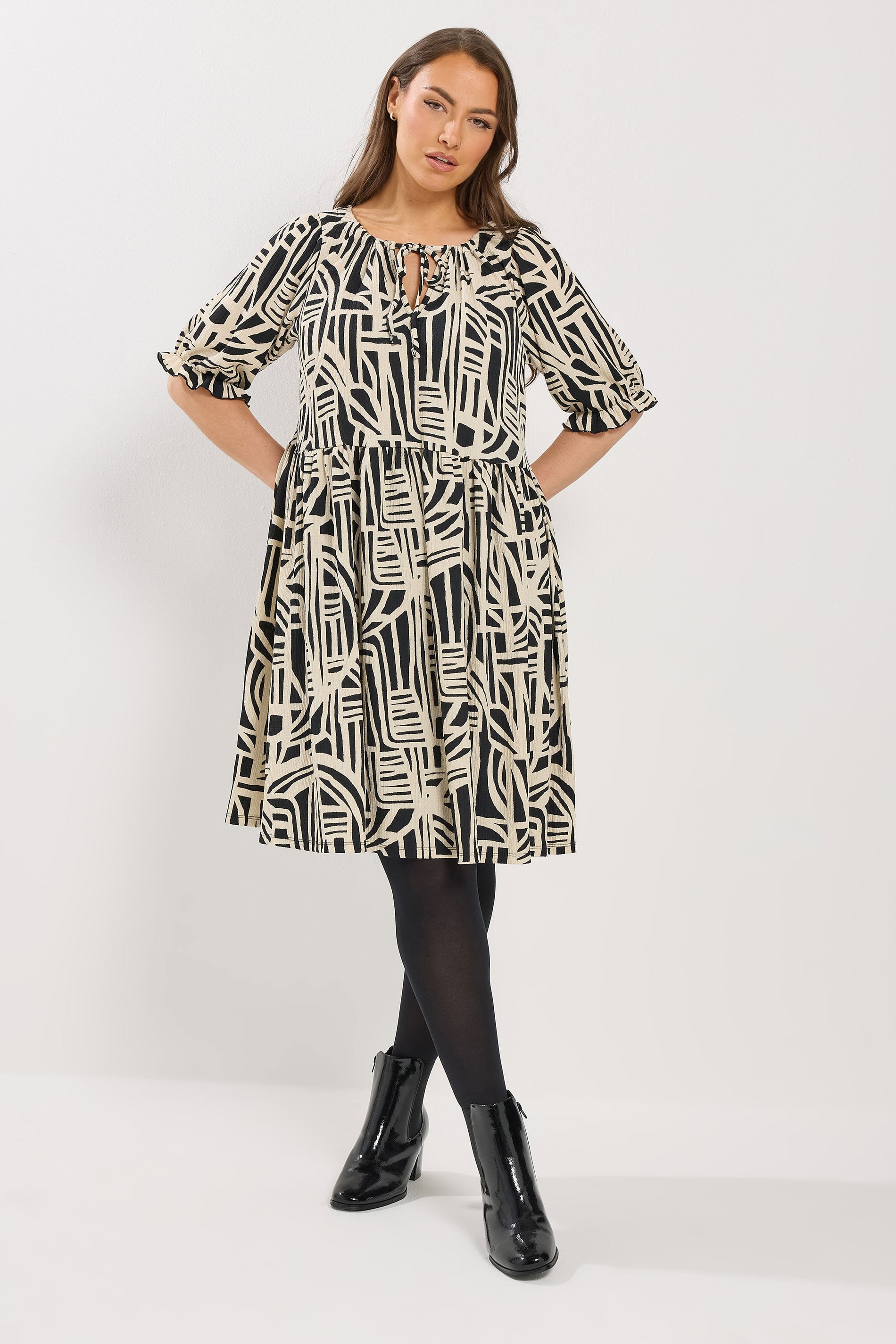 YOURS Plus Size Black Abstract Tie Neck Dress | Yours Clothing 1
