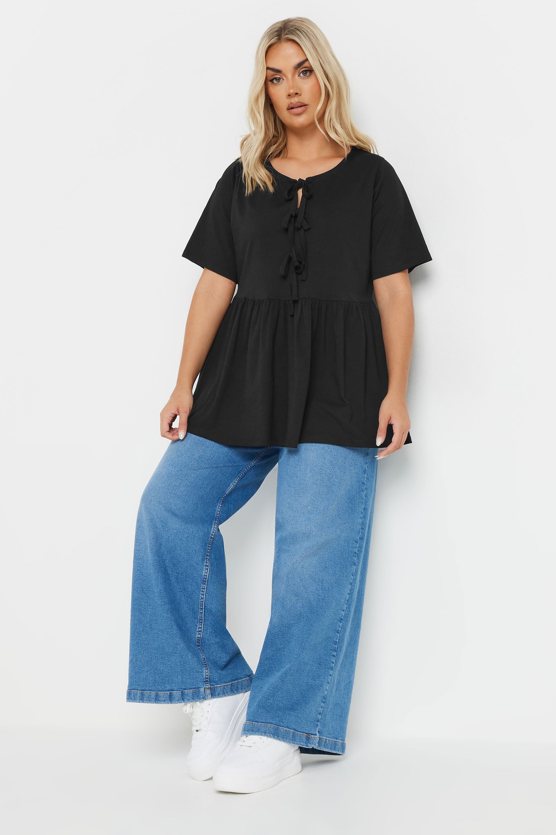 YOURS Plus Size Black Bow Tie Front Peplum Top | Yours Clothing 2