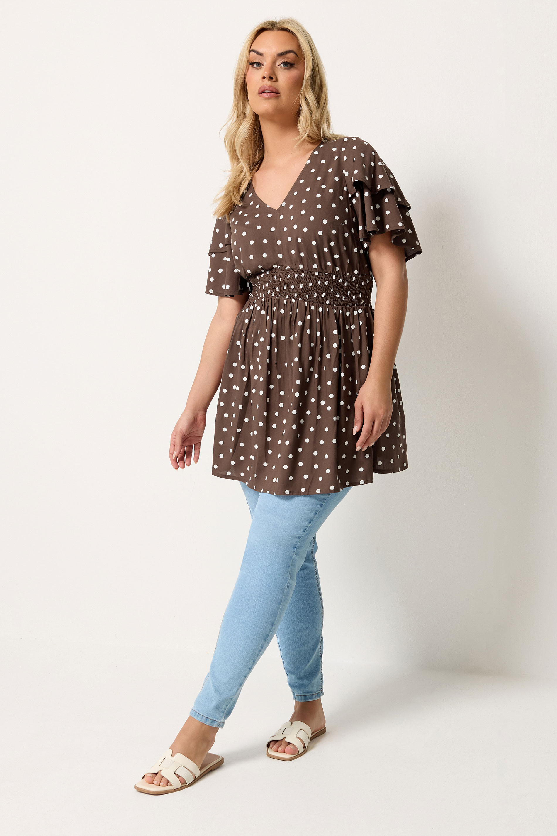 YOURS Plus Size Chocolate Brown Polka Dot Flutter Sleeve Top | Yours Clothing 1